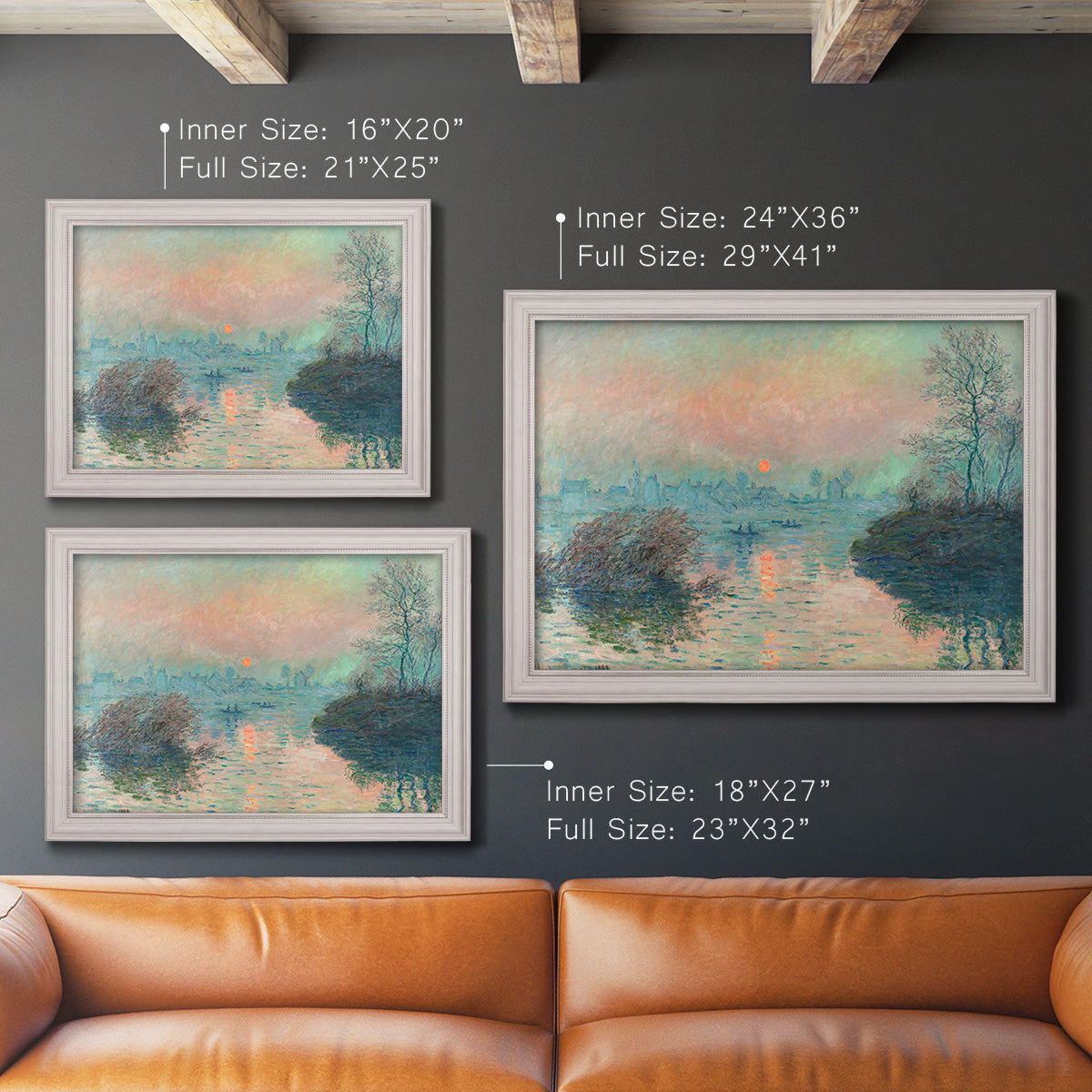 Impressionist winter river sunset scene by Claude Monet in an ornate weathered white frame shown in multiple size options.