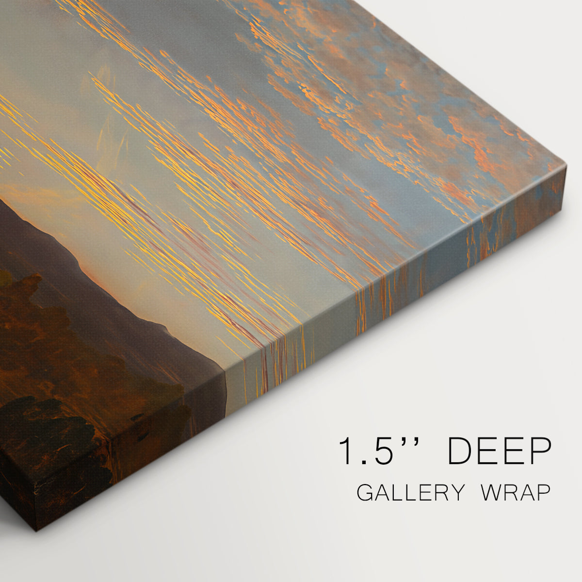 Canvas art print of a low mountain landscape under warm sky with broad open foreground, highlighting texture and gallery-wrapped edges