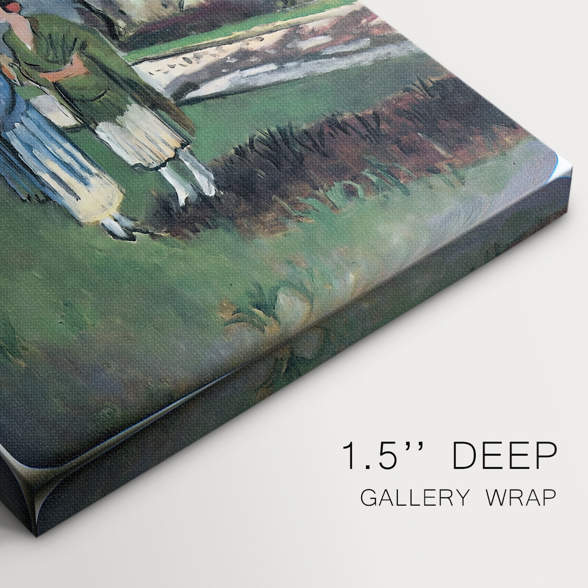 Close-up of a gallery-wrapped canvas corner showing a decorative outdoor scene with soft forms, highlighting texture and print detail.