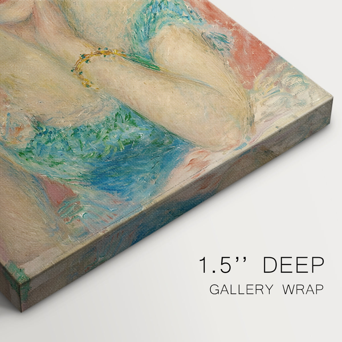 Close-up of a gallery-wrapped canvas corner showing a lively portrait with delicate textures and light color palette, highlighting texture and print detail.