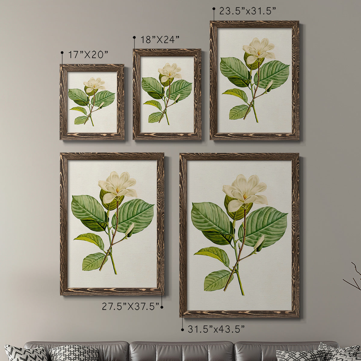 Size comparison chart for a set of two walnut barnwood framed canvas prints.