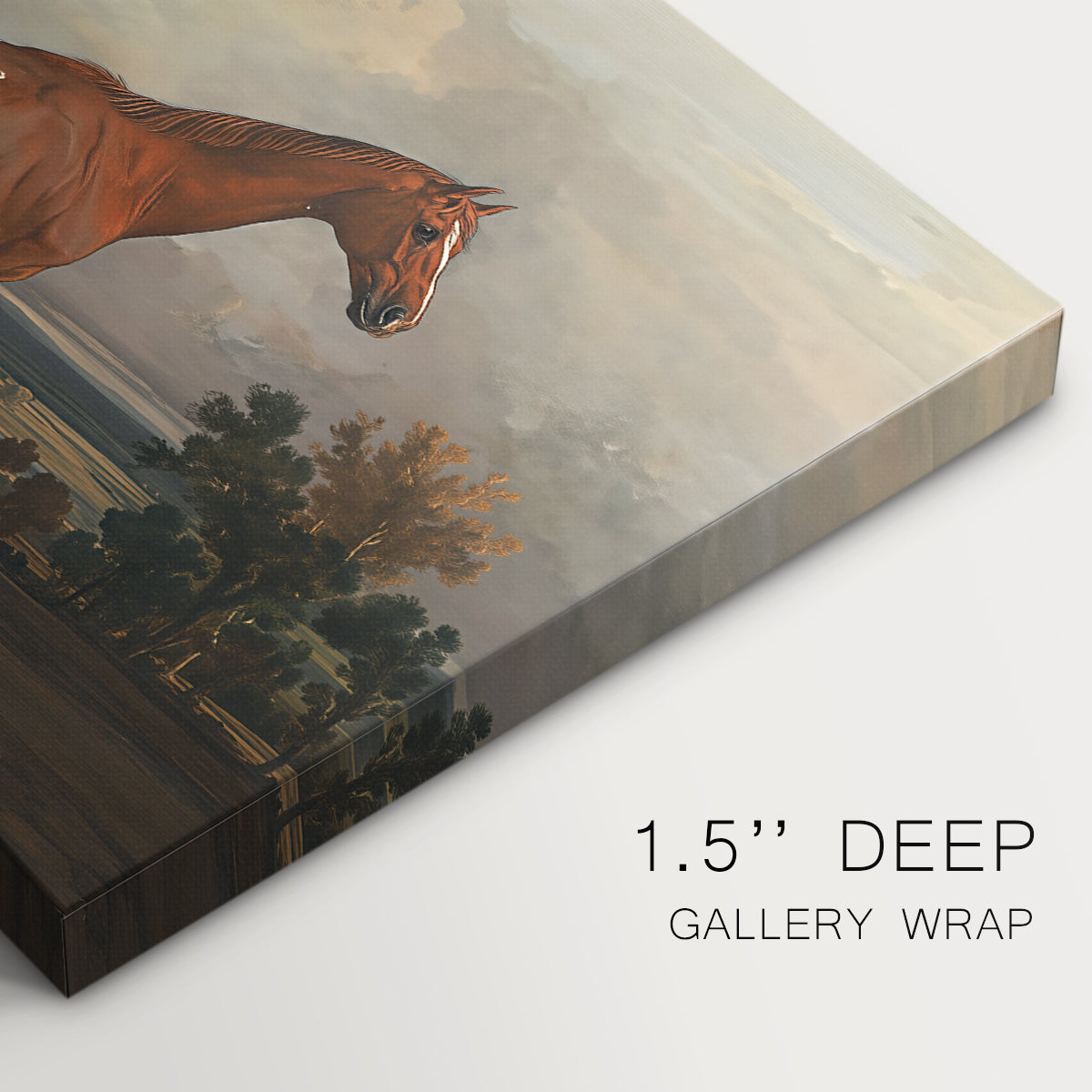 Canvas art print of a mounted hunter on horseback in open countryside landscape, highlighting texture and gallery-wrapped edges