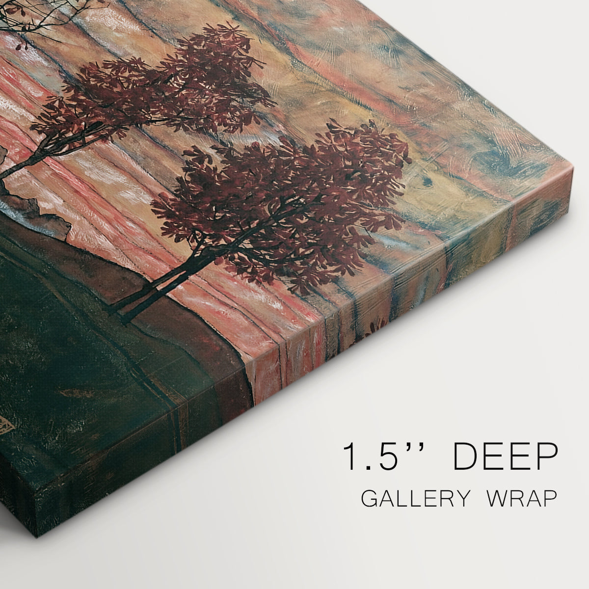 Canvas art print of four trees standing in open landscape against colorful sky, highlighting texture and gallery-wrapped edges