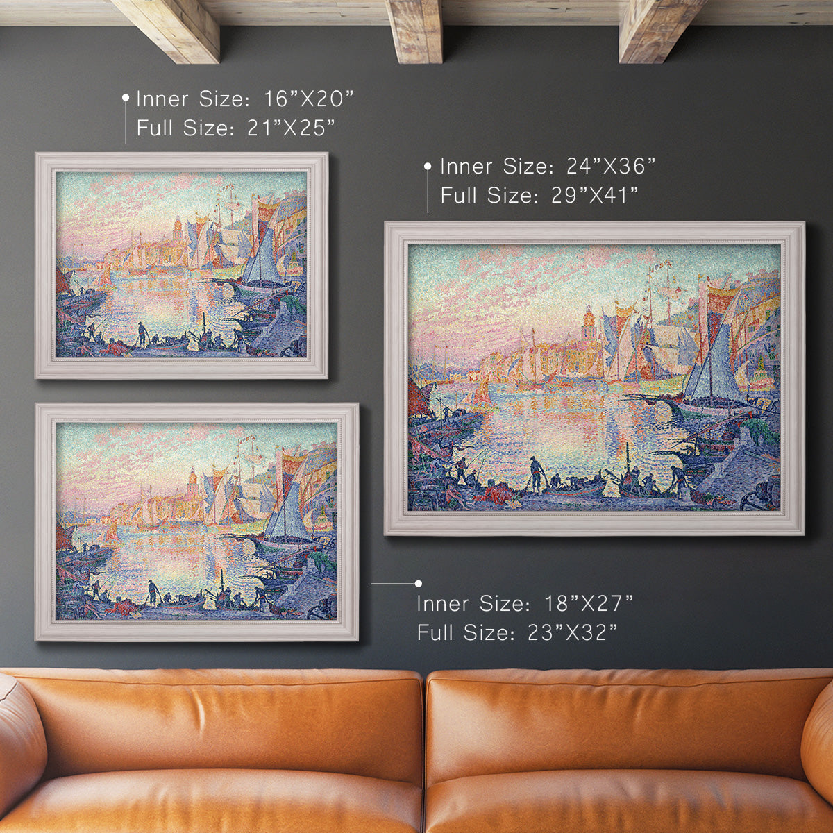 Impressionist Mediterranean harbor painting by Paul Signac in an ornate weathered white frame shown in multiple size options.