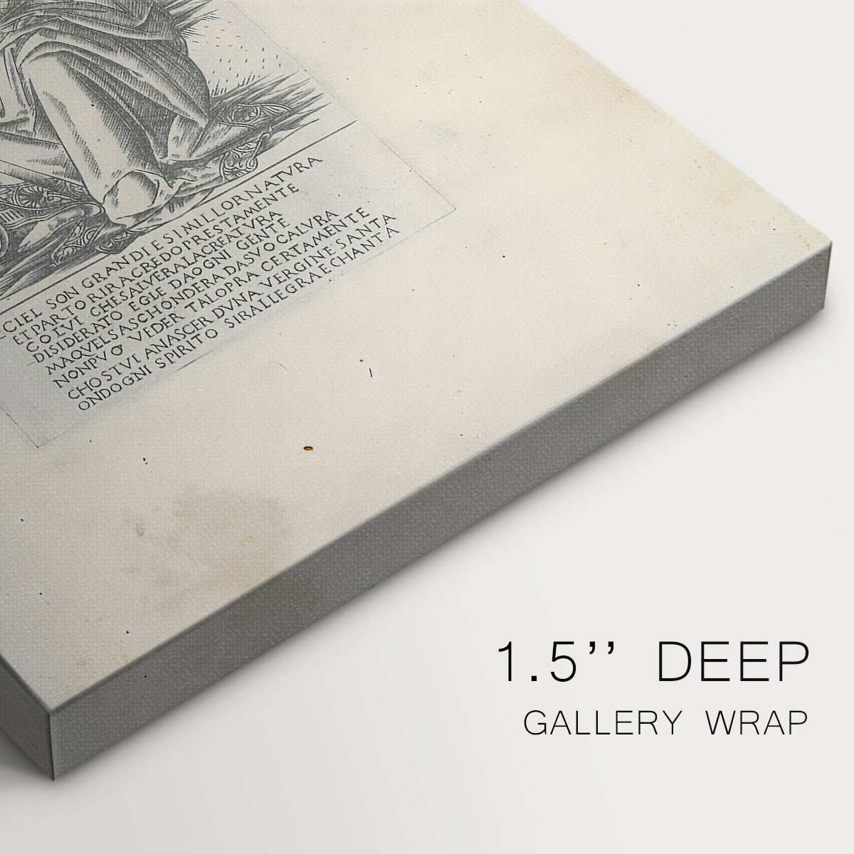 Close-up of a gallery-wrapped canvas corner showing a refined engraving with figure and decorative text, highlighting texture and print detail.