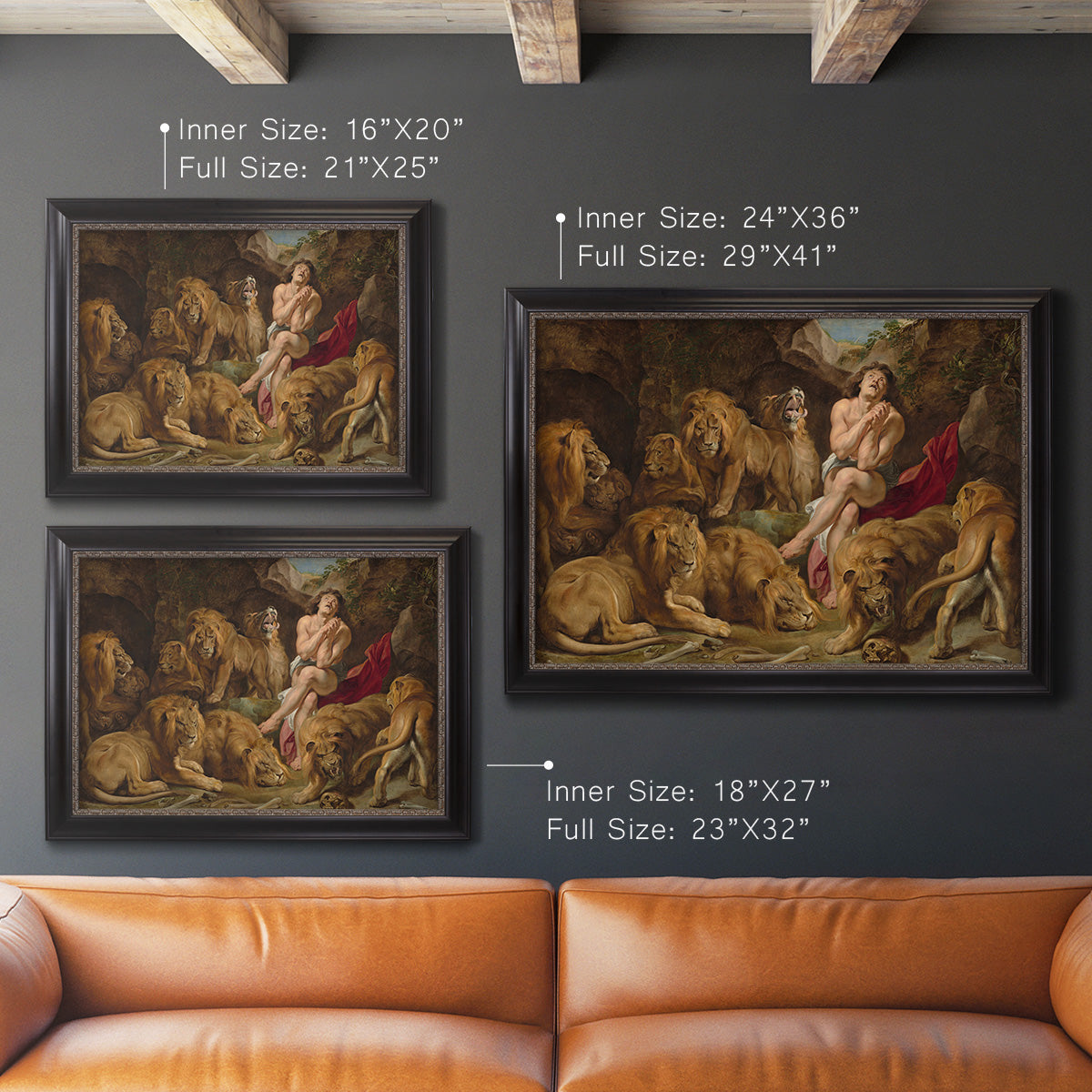 Dramatic biblical painting of Daniel with lions by Peter Paul Rubens in an ornate black frame with gilded inner detail shown in multiple size options.