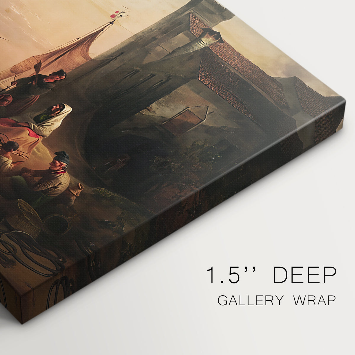 Canvas art print of a family gathered near boats and water, highlighting texture and gallery-wrapped edges
