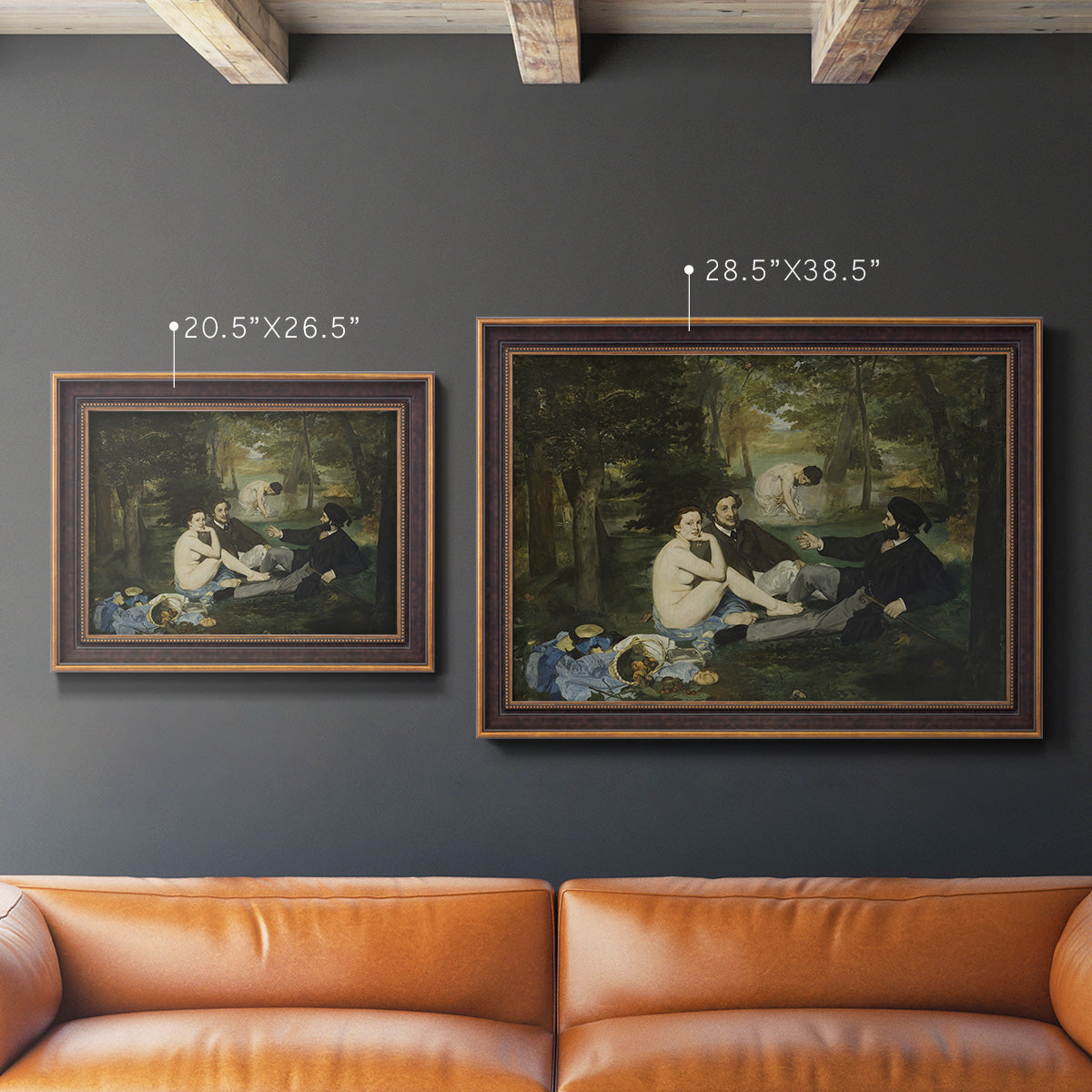 Groundbreaking impressionist picnic scene by Édouard Manet in an ornate bronzed mahogany wood frame shown in multiple size options.