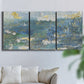 Three-panel canvas wall art featuring sparkling abstract sea surface, displayed in a living room above a sofa.