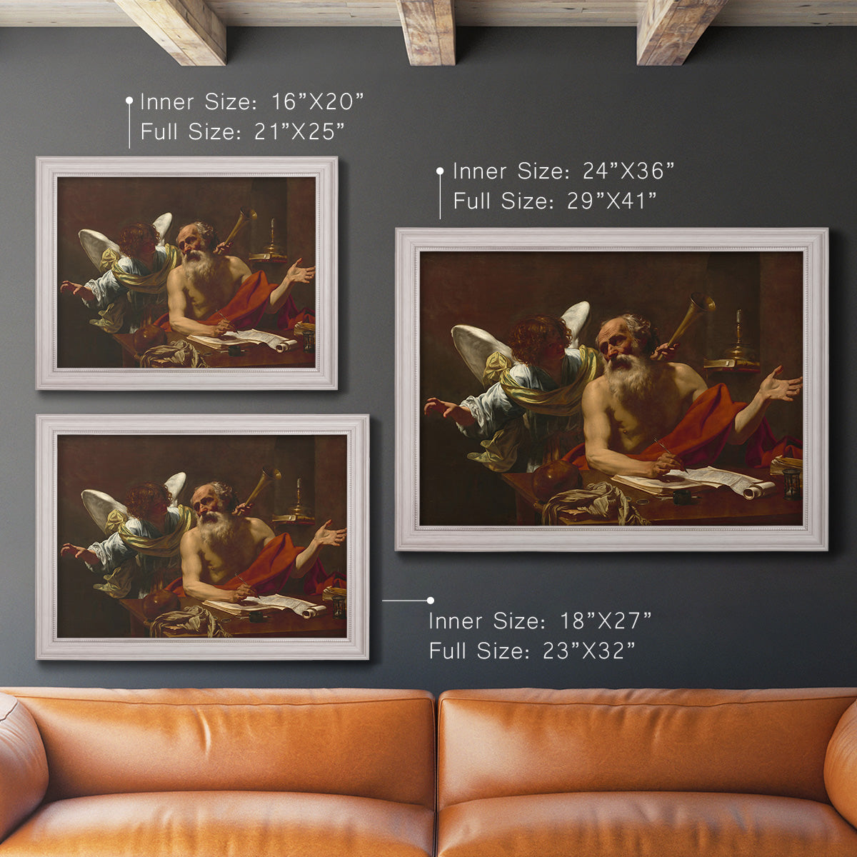 Classical religious painting of Saint Jerome with an angel by Simon Vouet in an ornate weathered white frame shown in multiple size options.