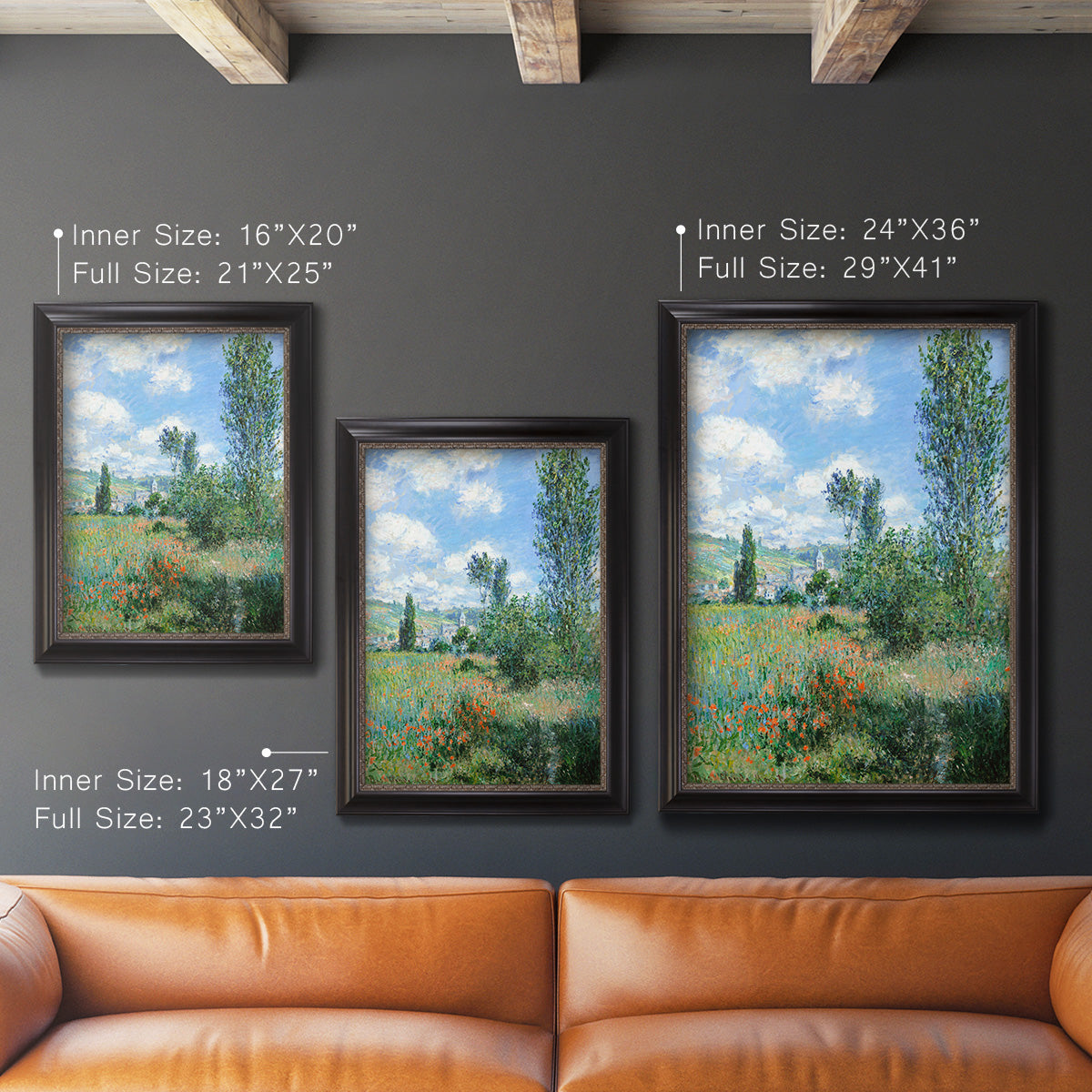 Impressionist pastoral landscape with poppy fields by Claude Monet in an ornate black frame with gilded inner detail shown in multiple vertical size options.