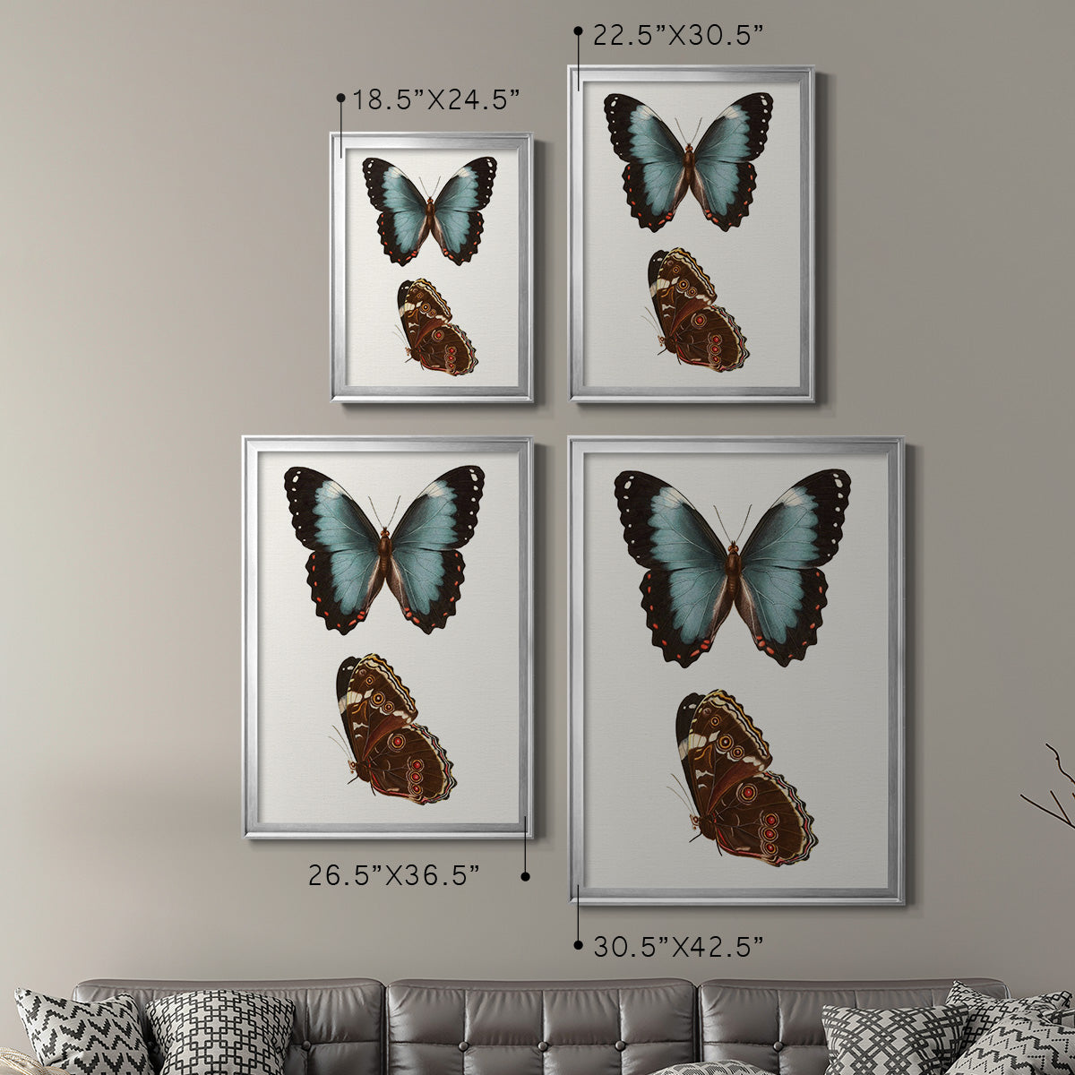 Antique Blue Butterflies IV - Modern Framed Canvas Print