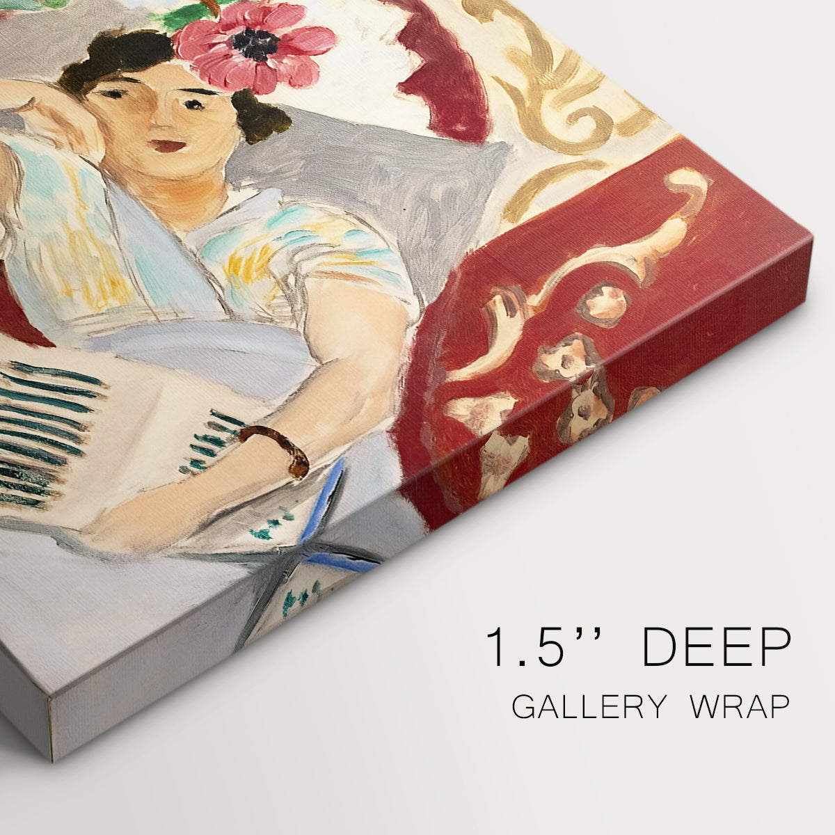 Canvas art print of a seated woman beside vase of anemones in richly patterned interior, highlighting texture and gallery-wrapped edges