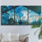 Three-panel canvas wall art featuring railway station filled with steam, displayed in a living room above a sofa.