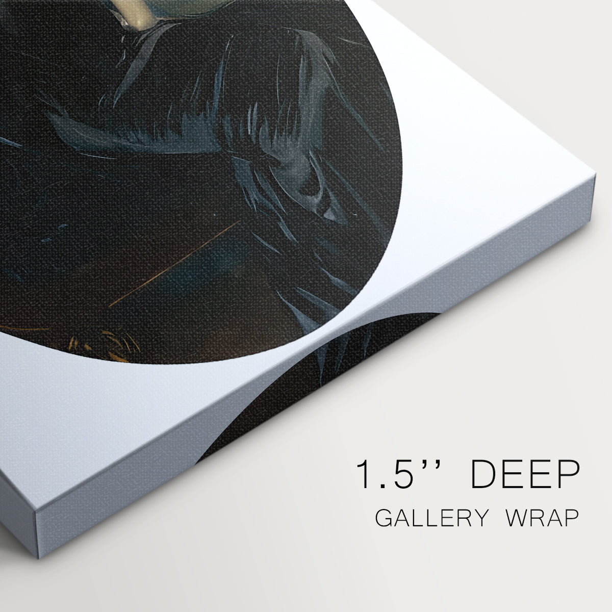 Close-up of a gallery-wrapped canvas corner showing a composed figure with elegant simplicity, highlighting texture and print detail.