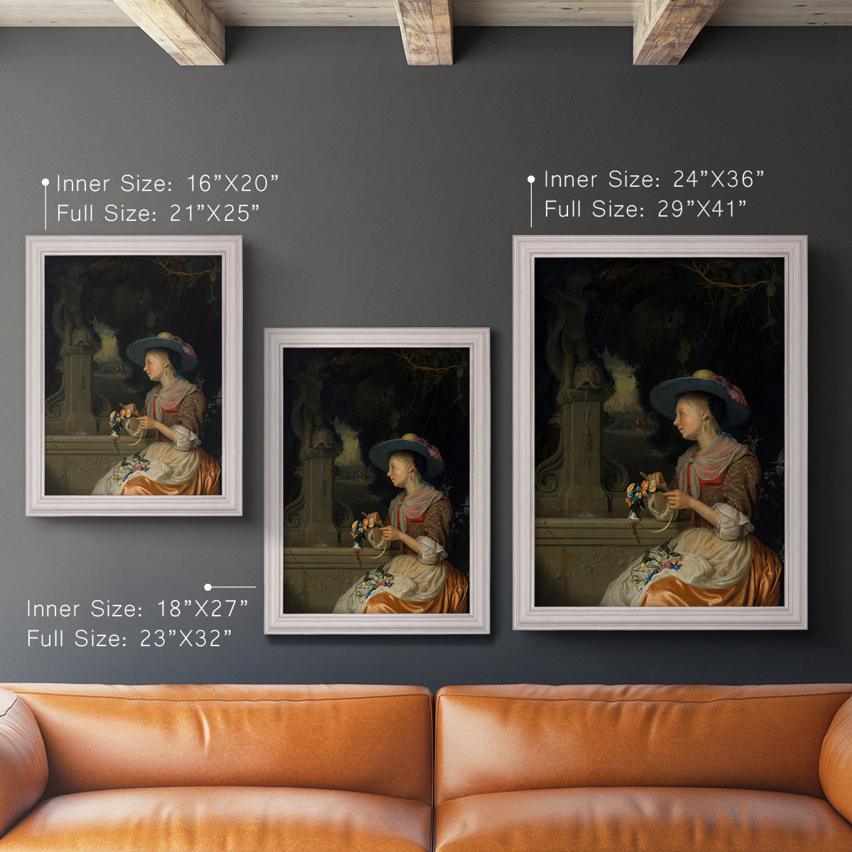 Classical interior scene of a woman weaving flowers by Godfried Schalcken in an ornate weathered white frame shown in multiple vertical size options.