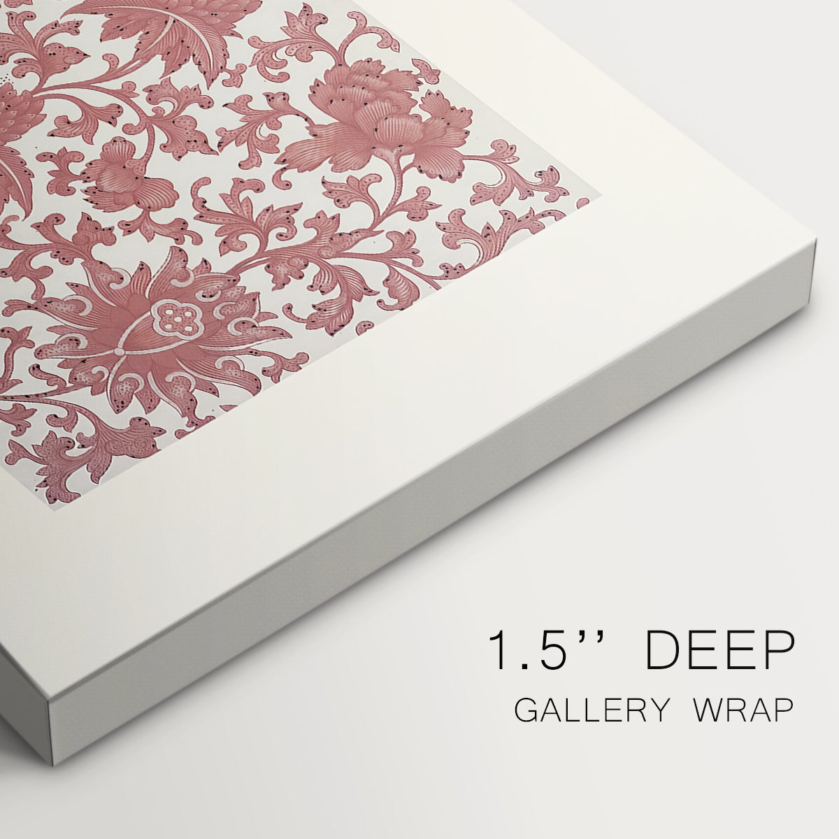 Canvas art print of a repeating ornamental pattern with floral and geometric elements arranged in horizontal bands, highlighting texture and gallery-wrapped edges