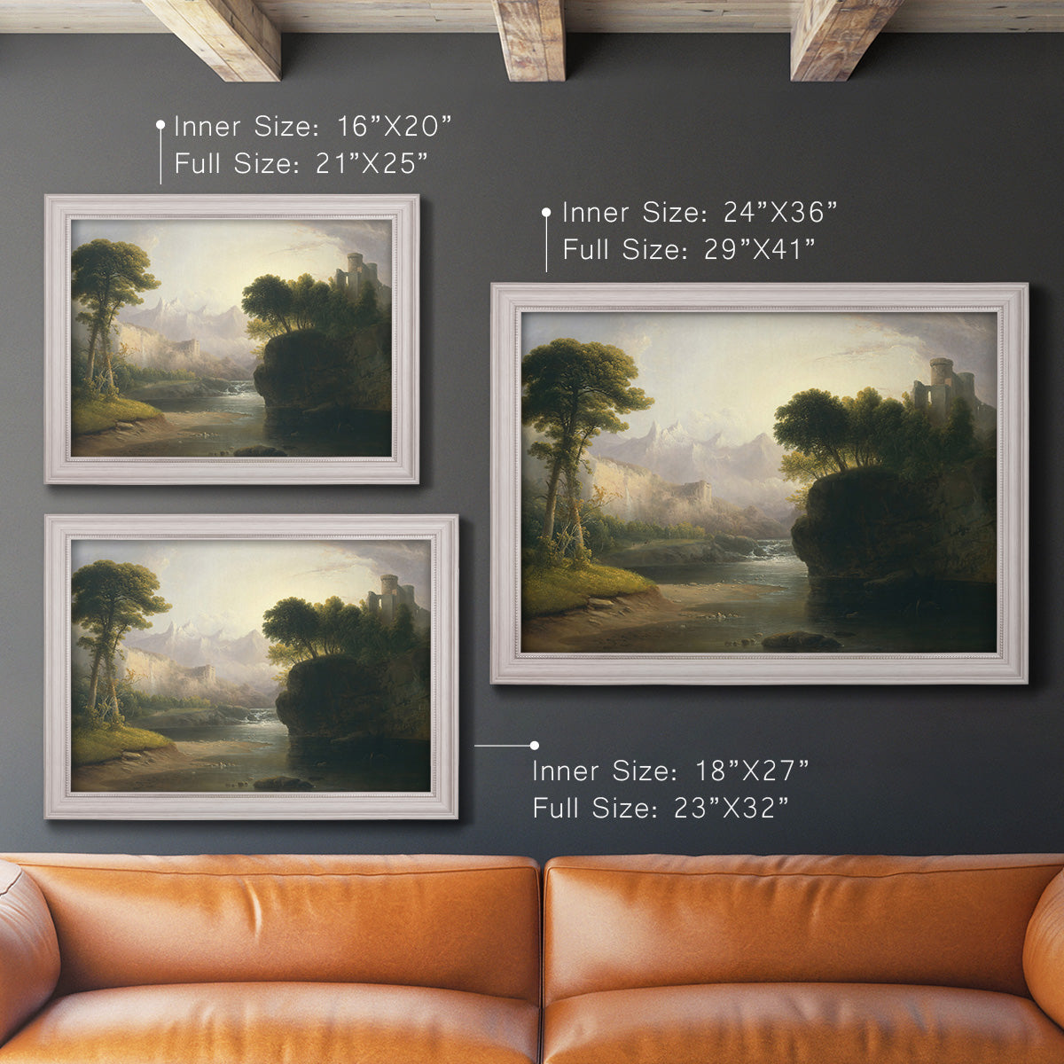 Romantic autumn landscape along the Hudson River by Thomas Doughty in an ornate weathered white frame shown in multiple size options.