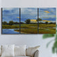 Three-panel canvas wall art featuring riverside walking path through greenery, displayed in a living room above a sofa.