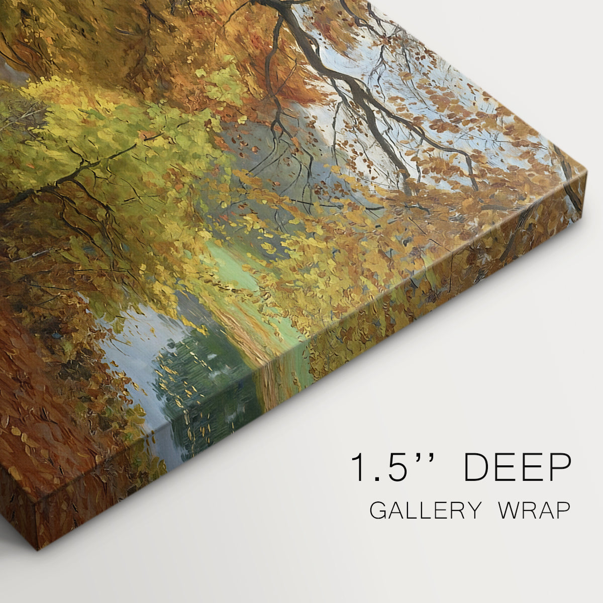 Canvas art print of figures walking along forest path covered in autumn leaves, highlighting texture and gallery-wrapped edges