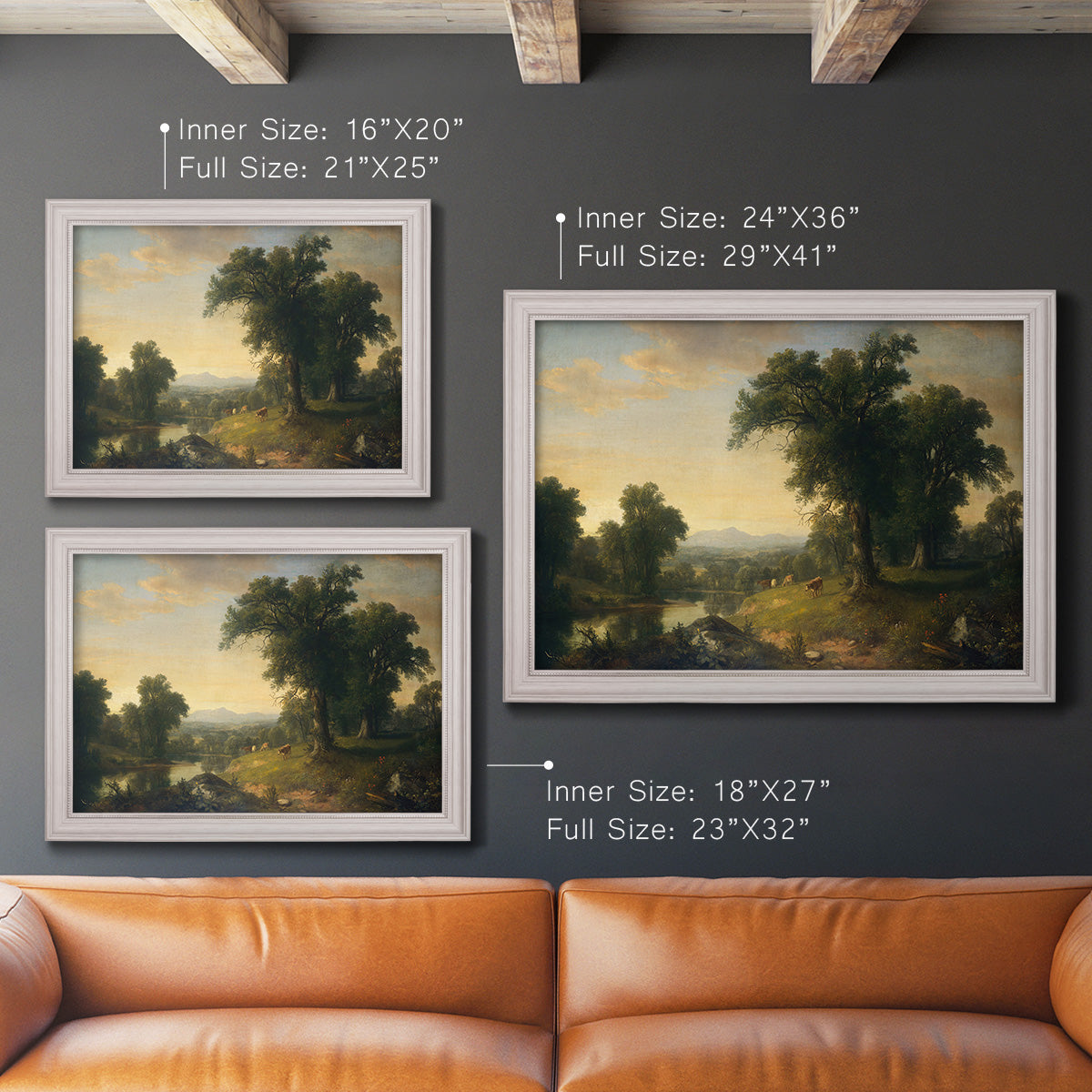 Traditional pastoral landscape painting by Asher Brown Durand in an ornate weathered white frame shown in multiple size options.