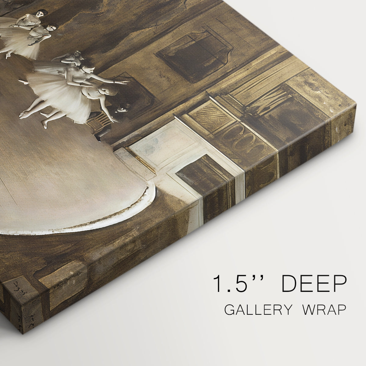 Canvas art print of ballerinas rehearsing on stage with set backdrop and lighting, highlighting texture and gallery-wrapped edges