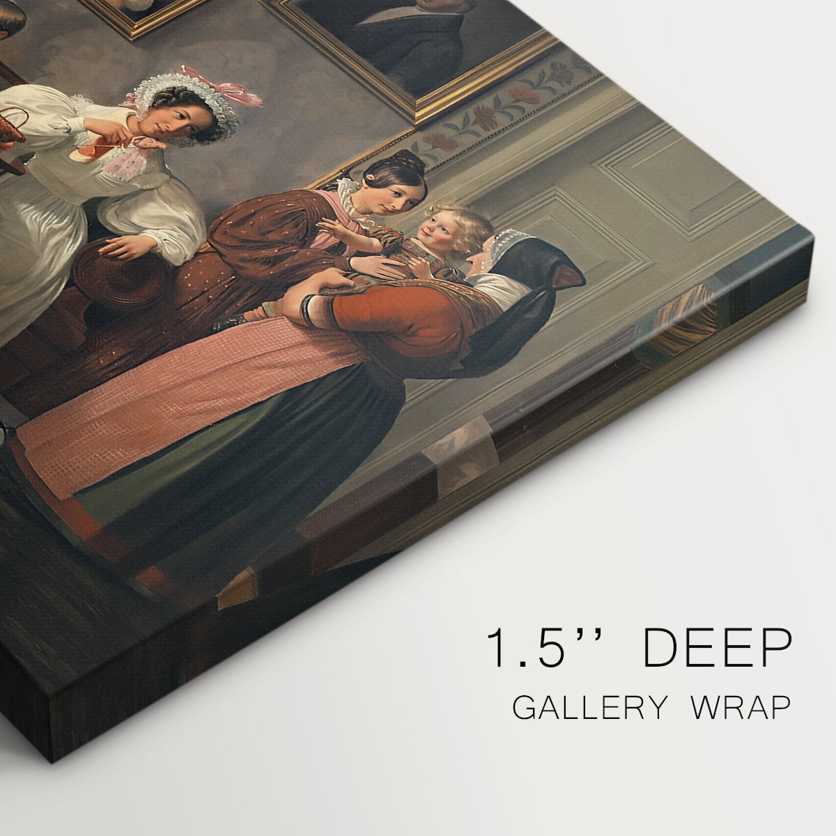 Canvas art print of a family group posed indoors around table with multiple figures, highlighting texture and gallery-wrapped edges