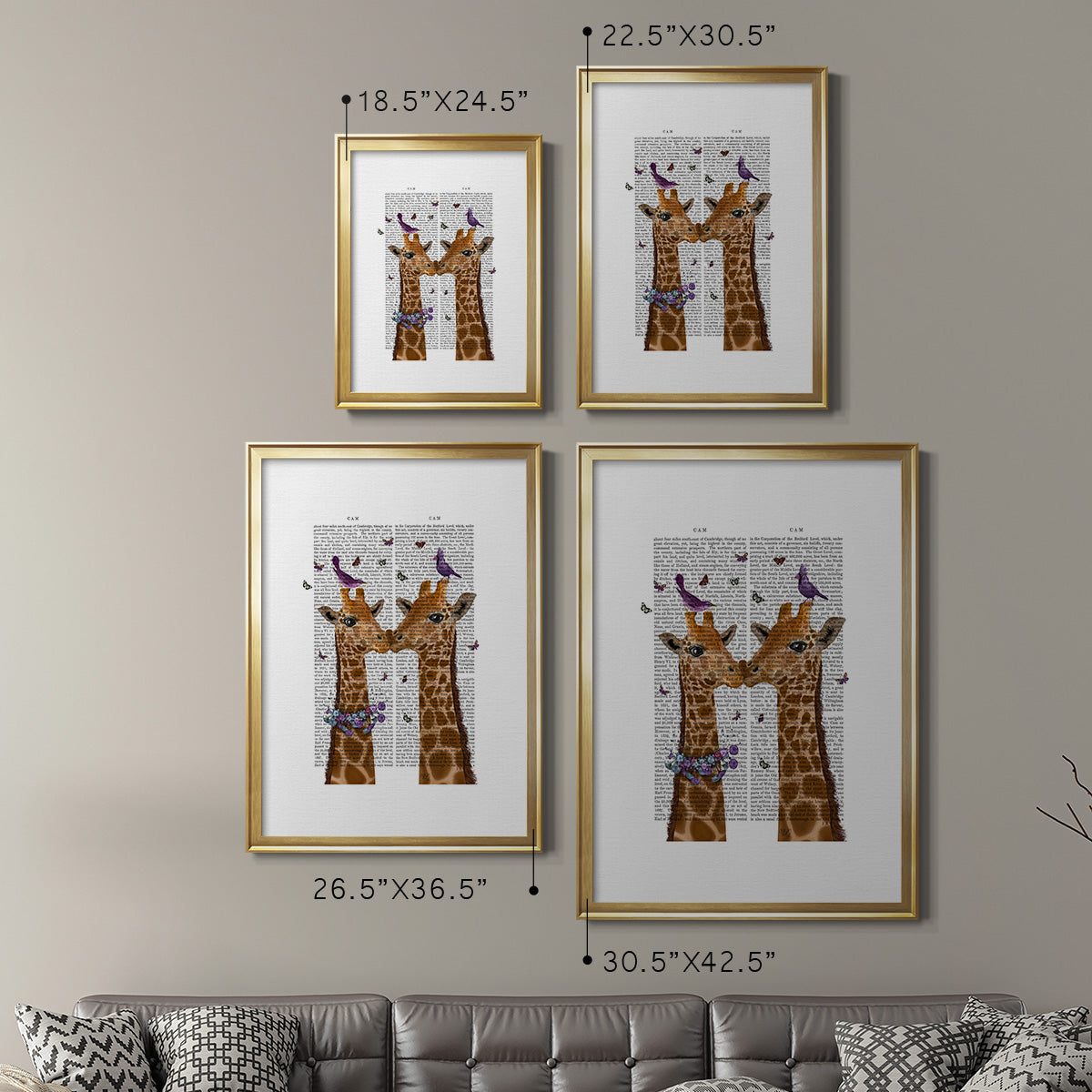 Kissing Giraffes with Birds - Modern Framed Canvas Print