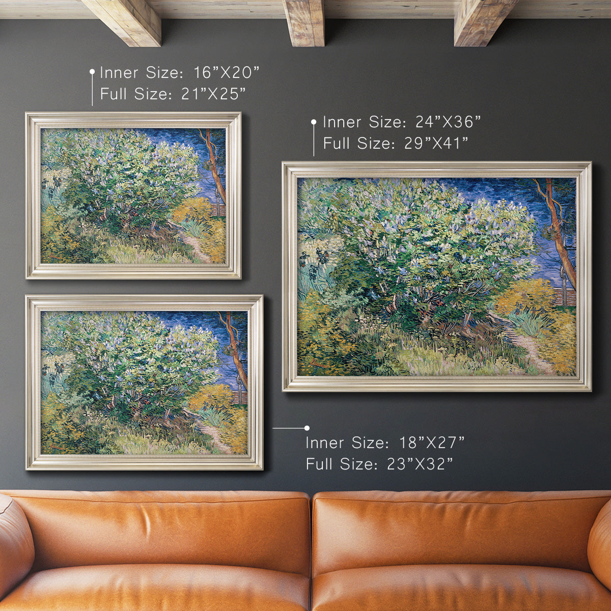 Impressionist lilac flower painting by Vincent van Gogh in an ornate champagne frame shown in multiple size options.