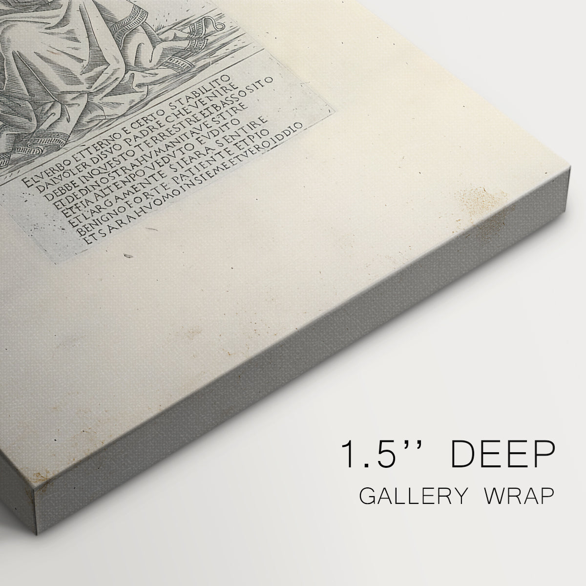 Close-up of a gallery-wrapped canvas corner showing a refined engraving with balanced composition, highlighting texture and print detail.