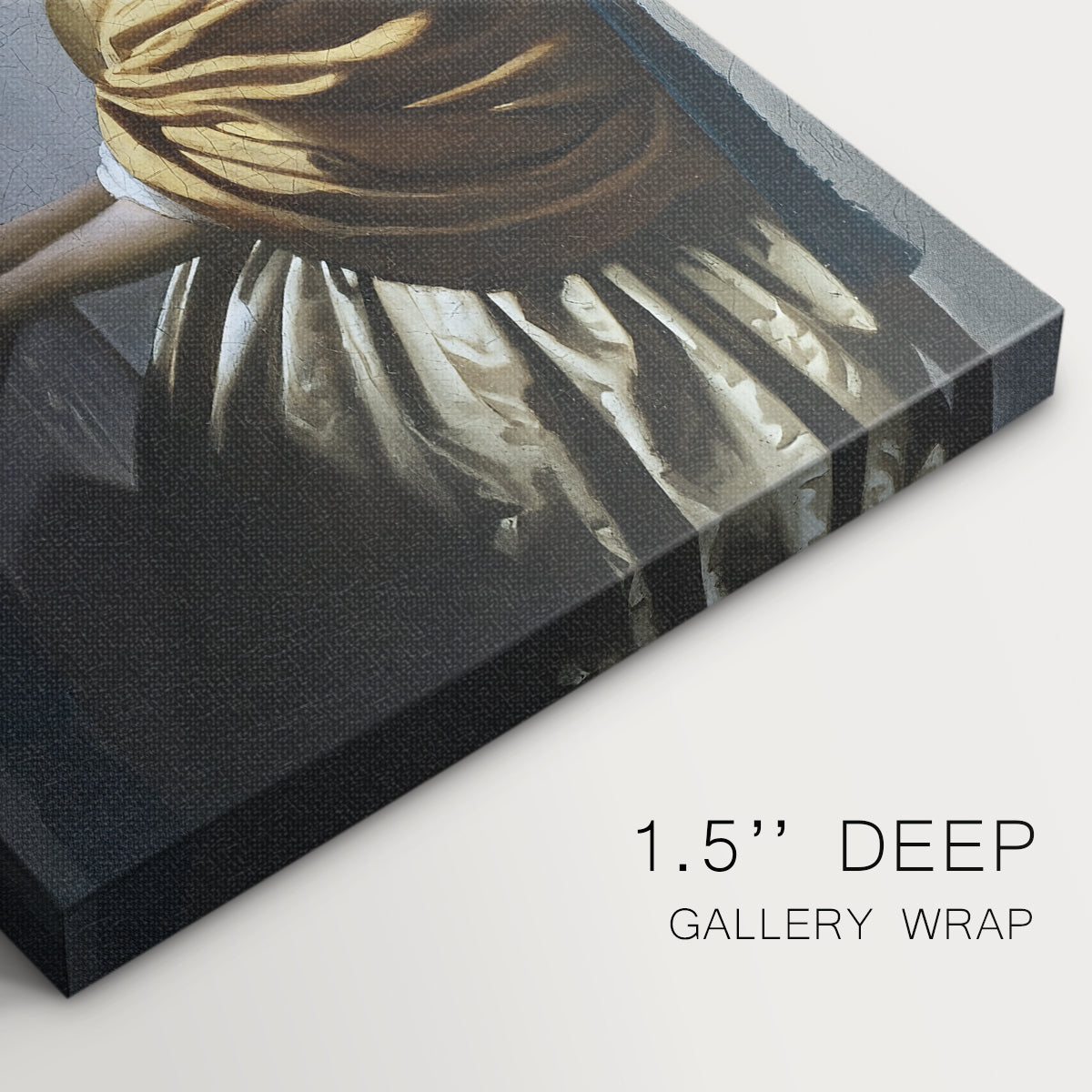 Close-up of a gallery-wrapped canvas corner showing a refined interior with balanced structure, highlighting texture and print detail.