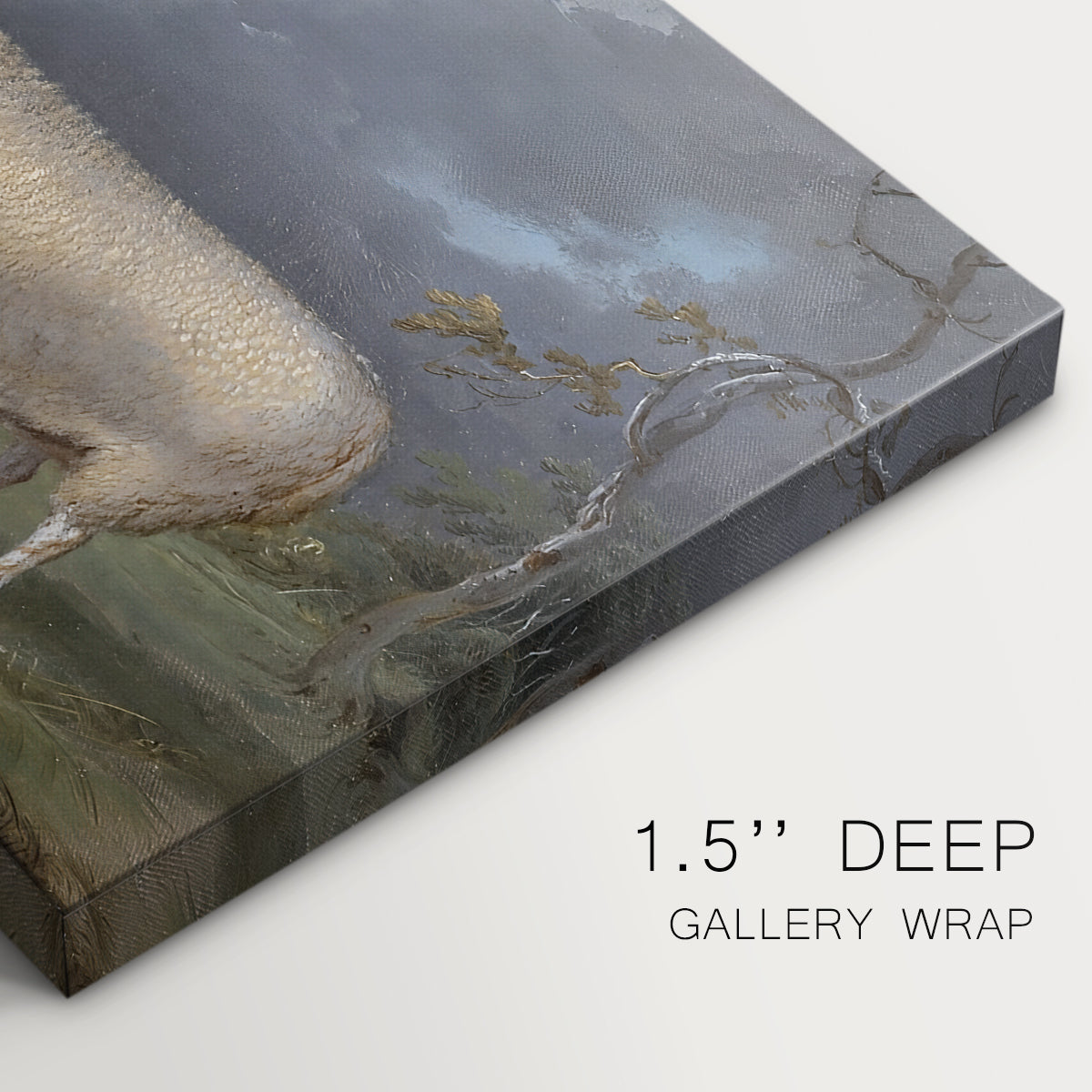 Canvas art print of a single sheep standing in open pasture under soft sky, highlighting texture and gallery-wrapped edges