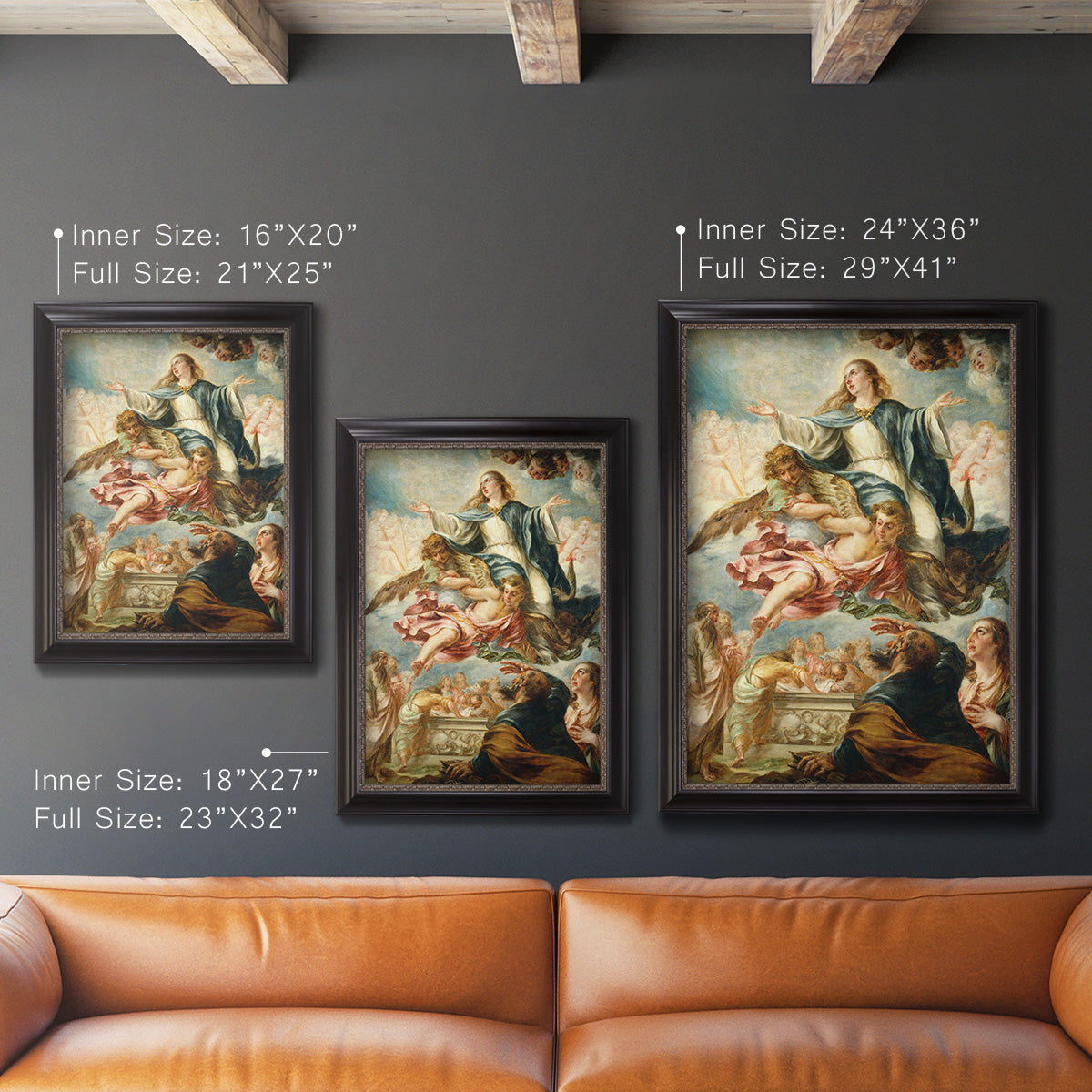 Religious painting of the Assumption of the Virgin Mary by Juan de Valdés Leal in an ornate black frame with gilded inner detail shown in multiple vertical size options.