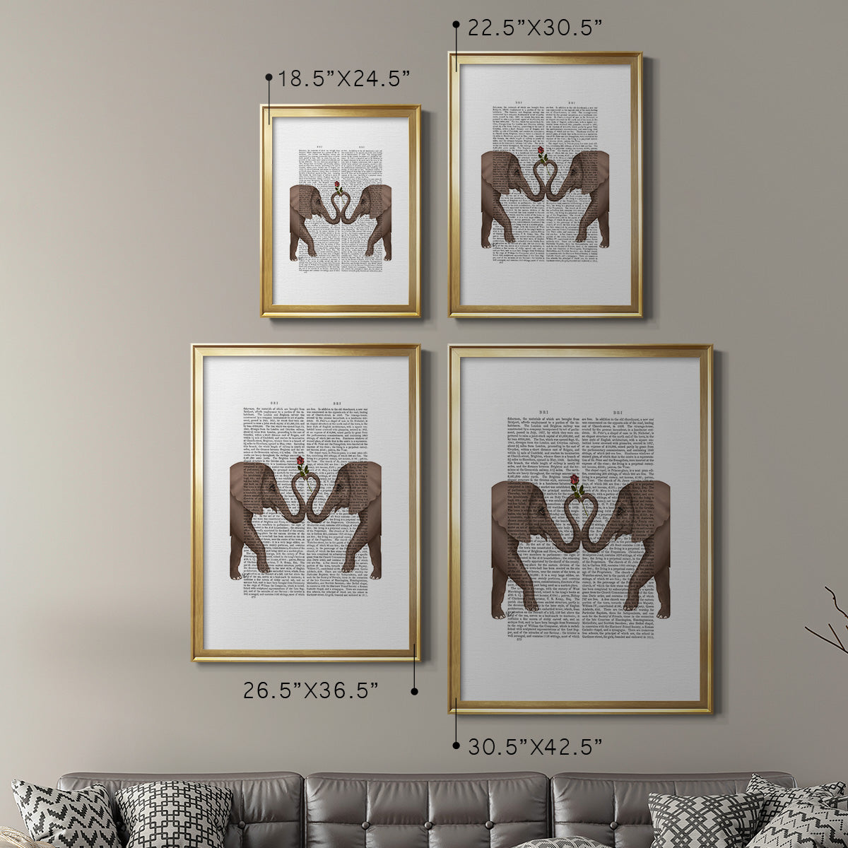 Elephants Heart and Rose - Modern Framed Canvas Print