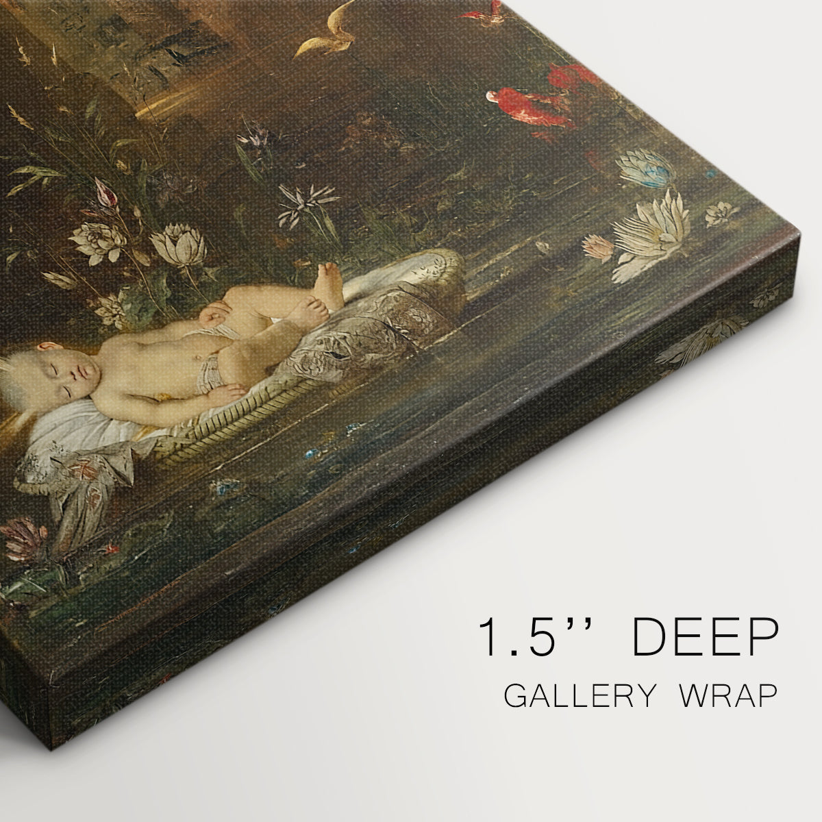 Close-up of a gallery-wrapped canvas corner showing a soft image with symbolic detail and balanced structure, highlighting texture and print detail.