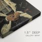 Close-up of a gallery-wrapped canvas corner showing a dignified figure in a calm interior setting, highlighting texture and print detail.