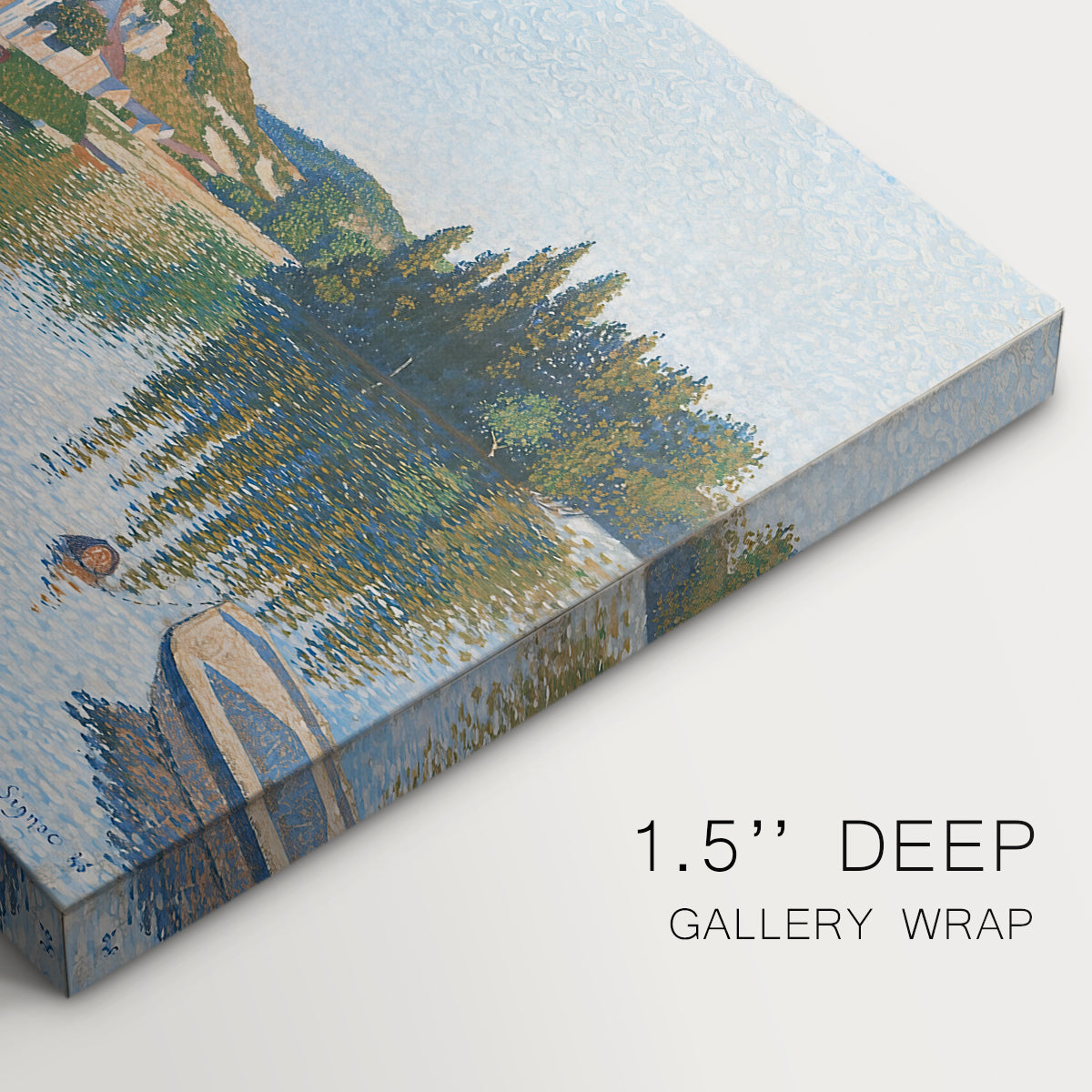 Canvas art print of a hillside town overlooking river with buildings and terrain, highlighting texture and gallery-wrapped edges