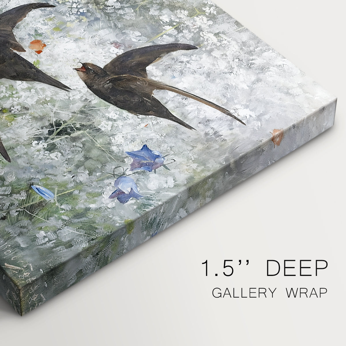 Canvas art print of a flock of birds in flight soaring across open sky above landscape, highlighting texture and gallery-wrapped edges