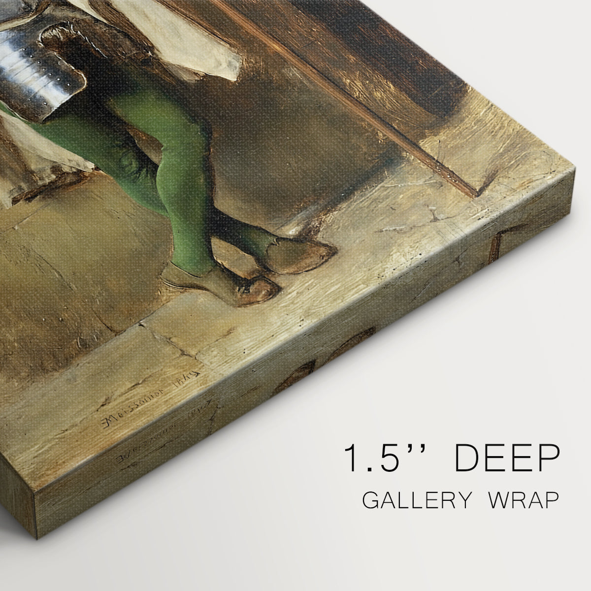 Close-up of a gallery-wrapped canvas corner showing a traditional portrait with a uniformed figure, highlighting texture and print detail.