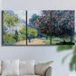 Three-panel canvas wall art featuring formal city park with trees, displayed in a living room above a sofa.