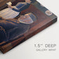 Canvas art print of figures seated around table in pointillist interior, highlighting texture and gallery-wrapped edges