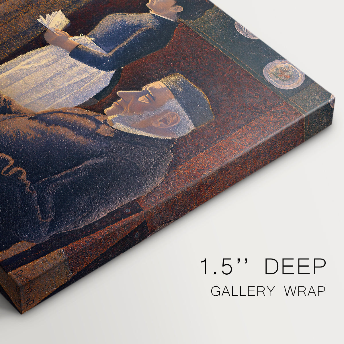 Canvas art print of figures seated around table in pointillist interior, highlighting texture and gallery-wrapped edges