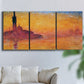 Three-panel canvas wall art featuring venetian church at twilight, displayed in a living room above a sofa.