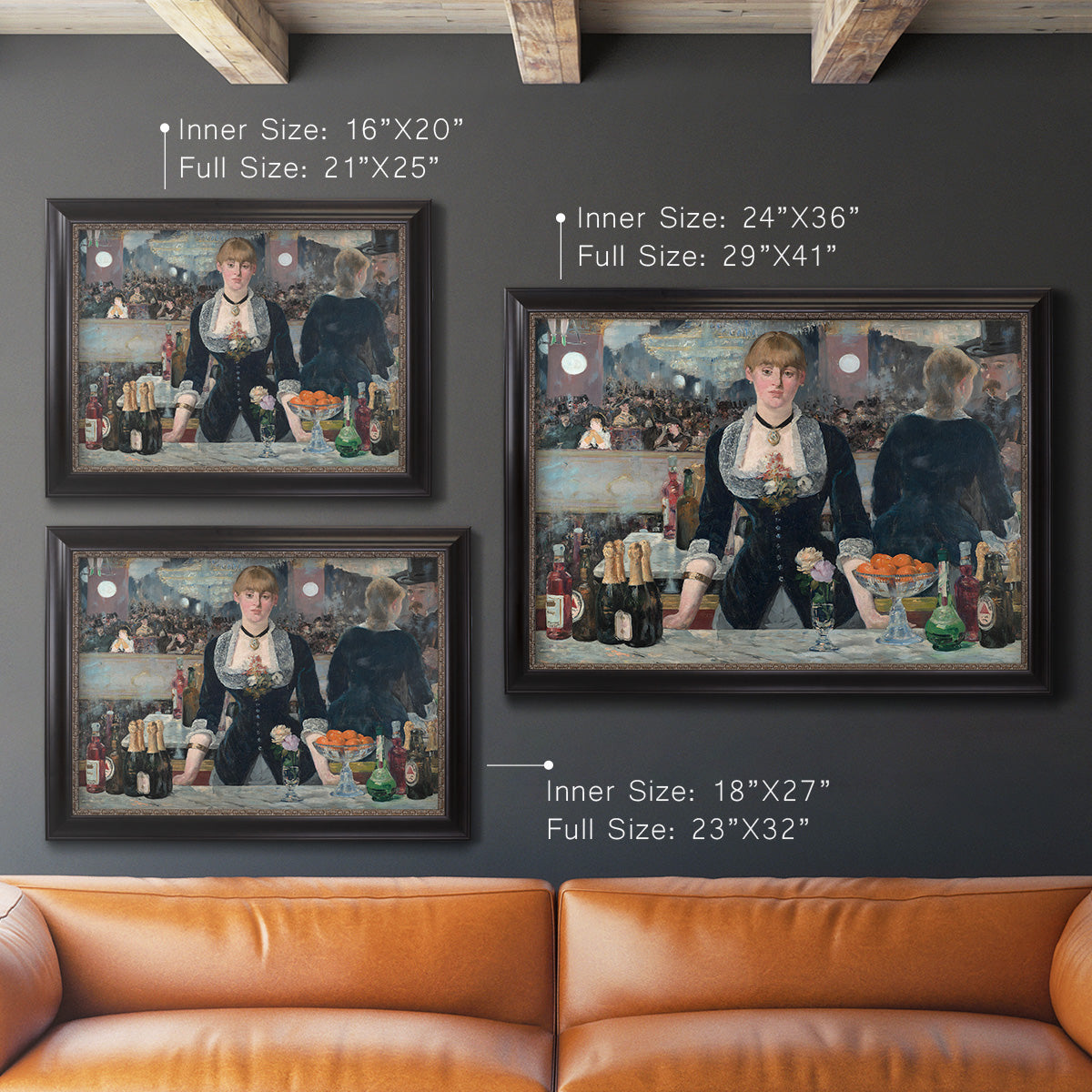 Iconic impressionist café bar scene by Édouard Manet in an ornate black frame with gilded inner detail shown in multiple size options.