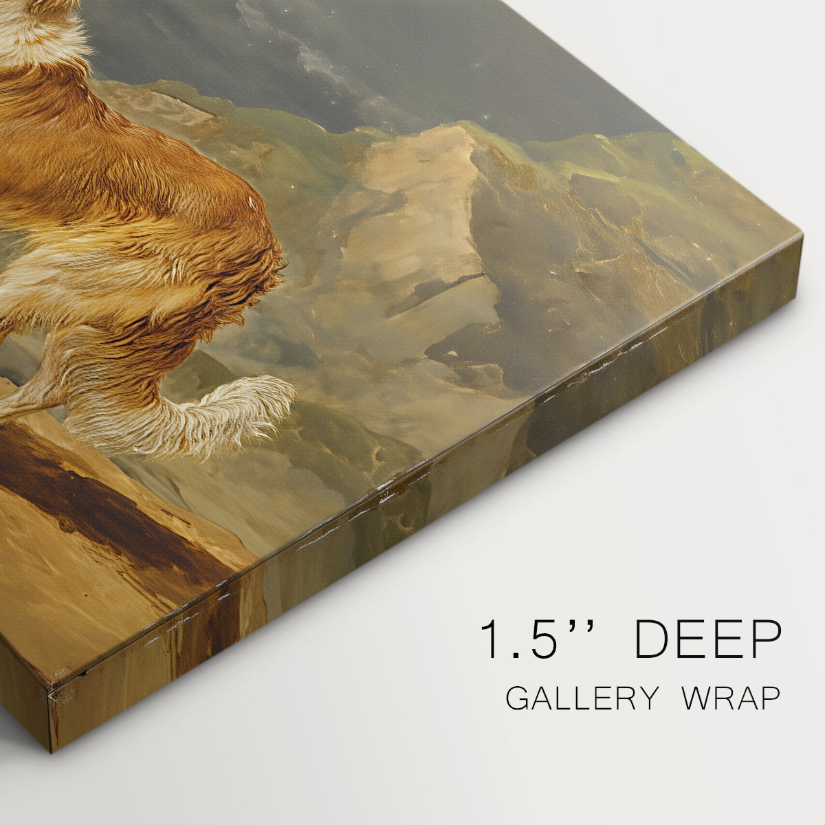 Canvas art print of a collie dog standing alert in open landscape, highlighting texture and gallery-wrapped edges