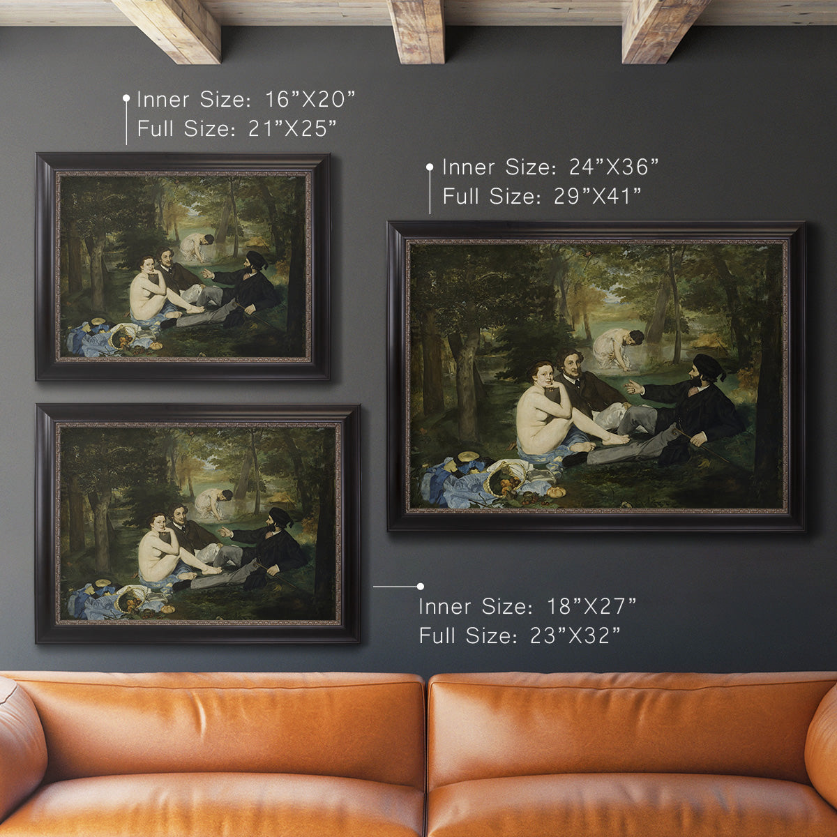 Groundbreaking impressionist picnic scene by Édouard Manet in an ornate black frame with gilded inner detail shown in multiple size options.
