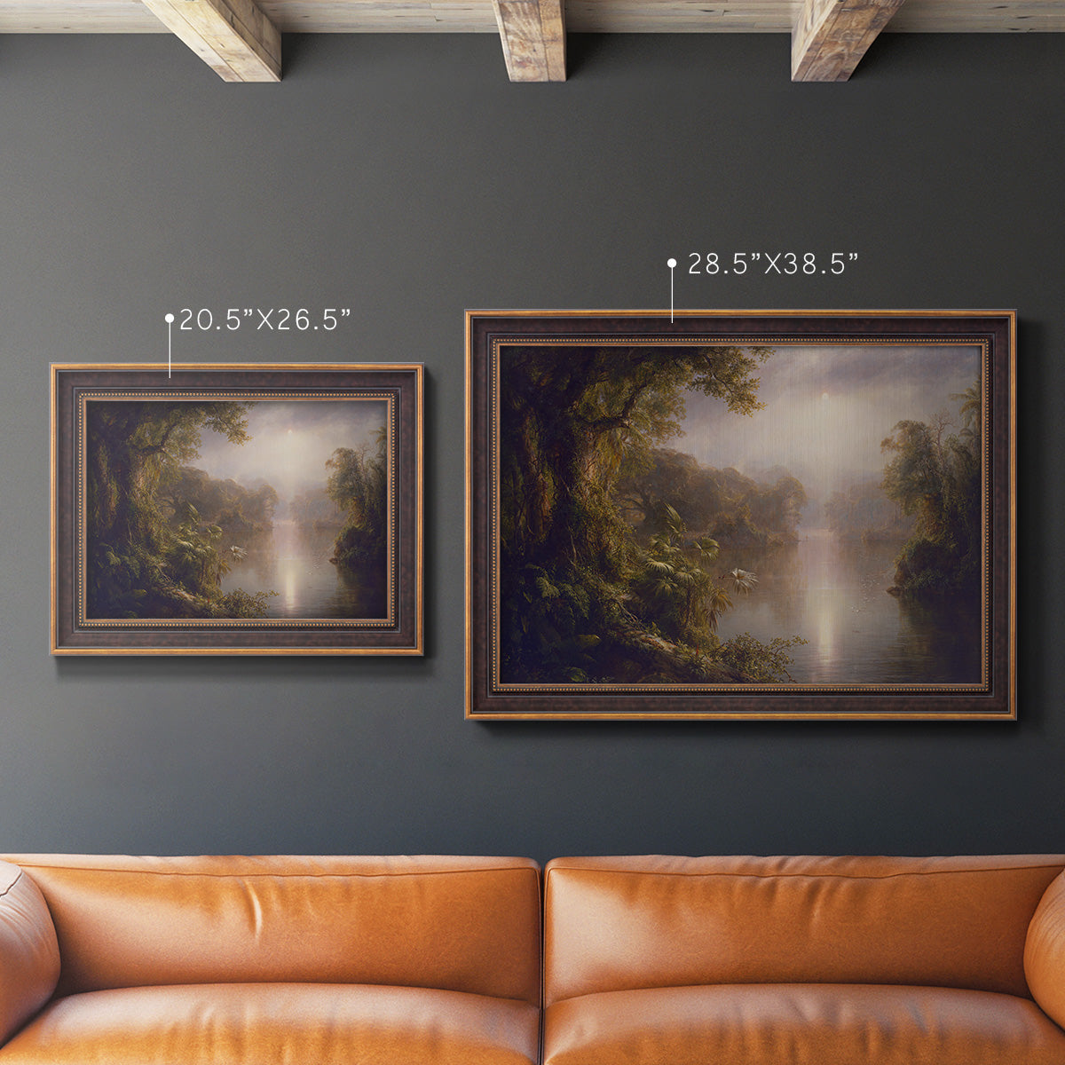Luminous romantic landscape painting by Frederic Edwin Church in an ornate bronzed mahogany wood frame shown in multiple size options.
