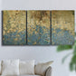 Three-panel canvas wall art featuring metallic abstract gold tones, displayed in a living room above a sofa.