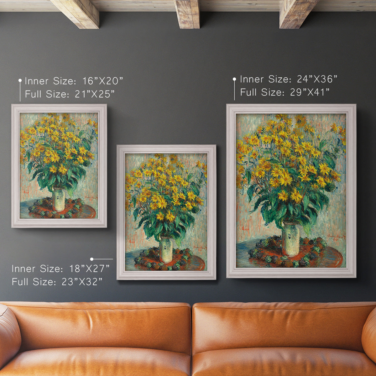 Impressionist floral painting of artichoke flowers by Claude Monet in an ornate weathered white frame shown in multiple vertical size options.