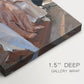 Close-up of a gallery-wrapped canvas corner showing a calm portrait with warm color and light, highlighting texture and print detail.